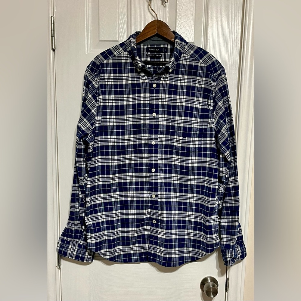 Nautica Men's Blue Plaid Button Down Long‎ Sleeve Shirt Size Large